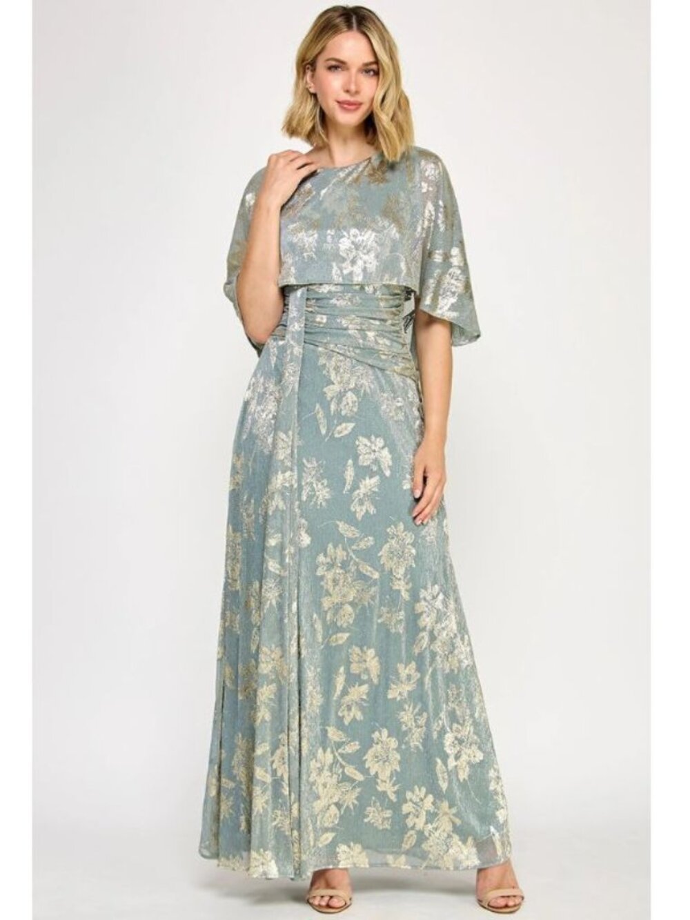 Clearance Sage Size 3XL Floral Cape Sleeve Long Formal Gown by Lenovia 5330
